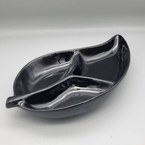 Vintage Frankoma Pottery Leaf Dish, Onyx Black MCM Decor Trinket Tray